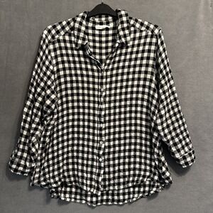 Jane + Delancey Button Up Top Plus Size 2X Black Gingham Roll Tab Sleeve Country